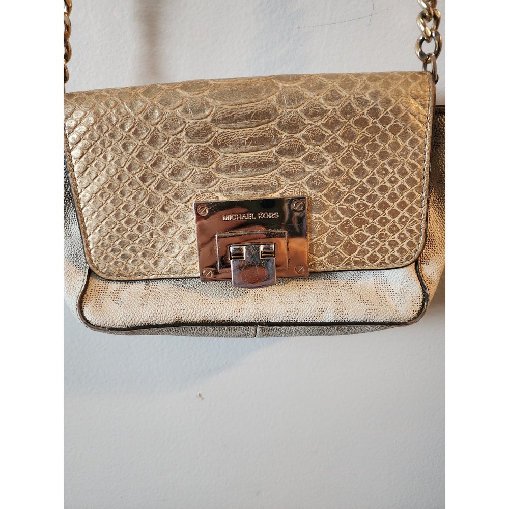 Michael Kors Sloan Crossbody Bag Gold Snakeskin Flap MK Monogram Metallic Cream